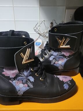 LV Black Floral Lace-Up Ankle Boots with Gold LV Accent
